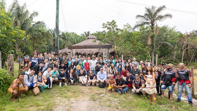 MIT musicians and tour staff with the São Sebastião community on the Tarumã Açu River in the state of Amazonas, Brazil.