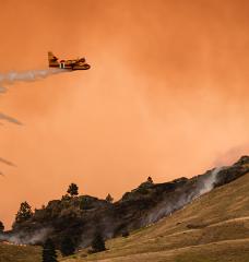 An aircraft dumps water on the edge of the Elmo Fire burning on the western shore of Flathead Lake on August 1, 2022. 